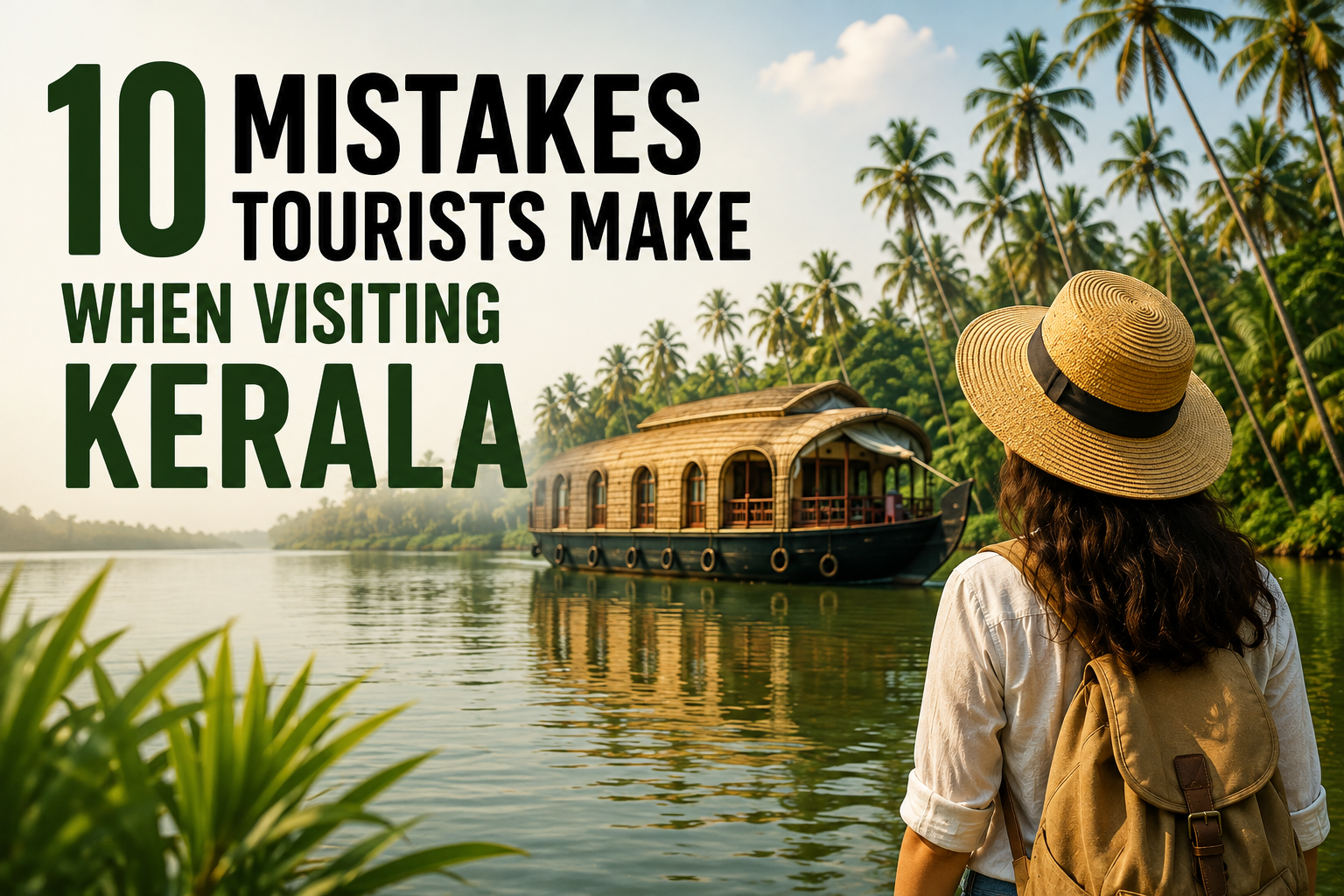 Tourist overlooking Kerala backwaters with a traditional houseboat – 10 mistakes tourists make when visiting Kerala